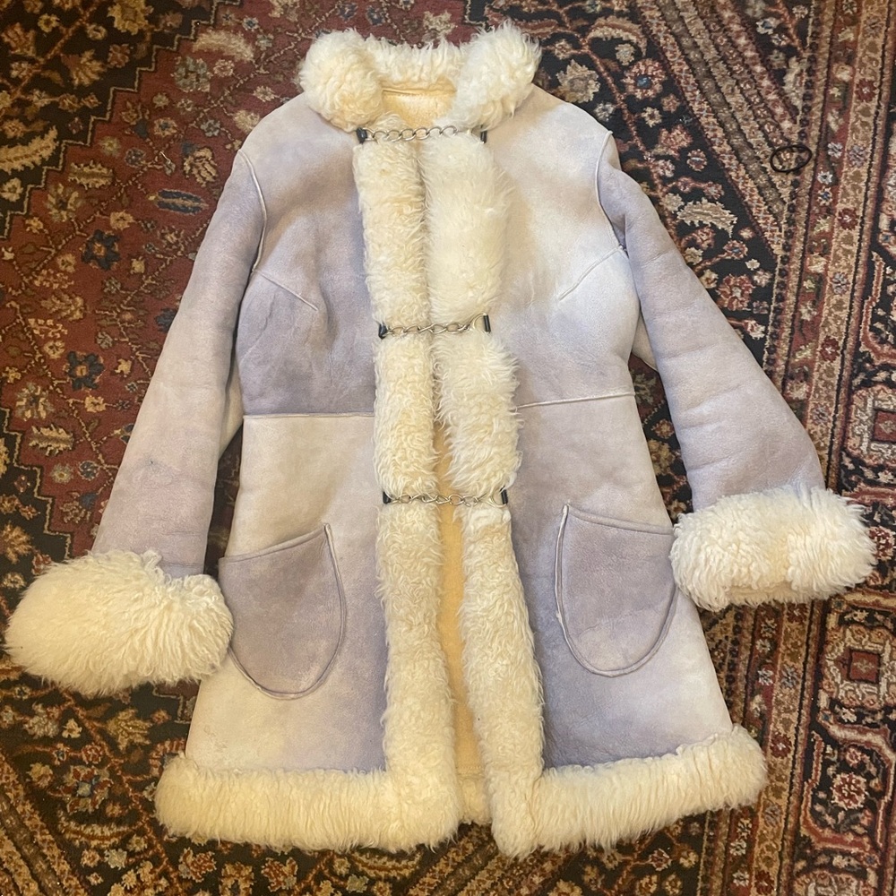 Vintage powder blue shearling coat with metal chain clasps